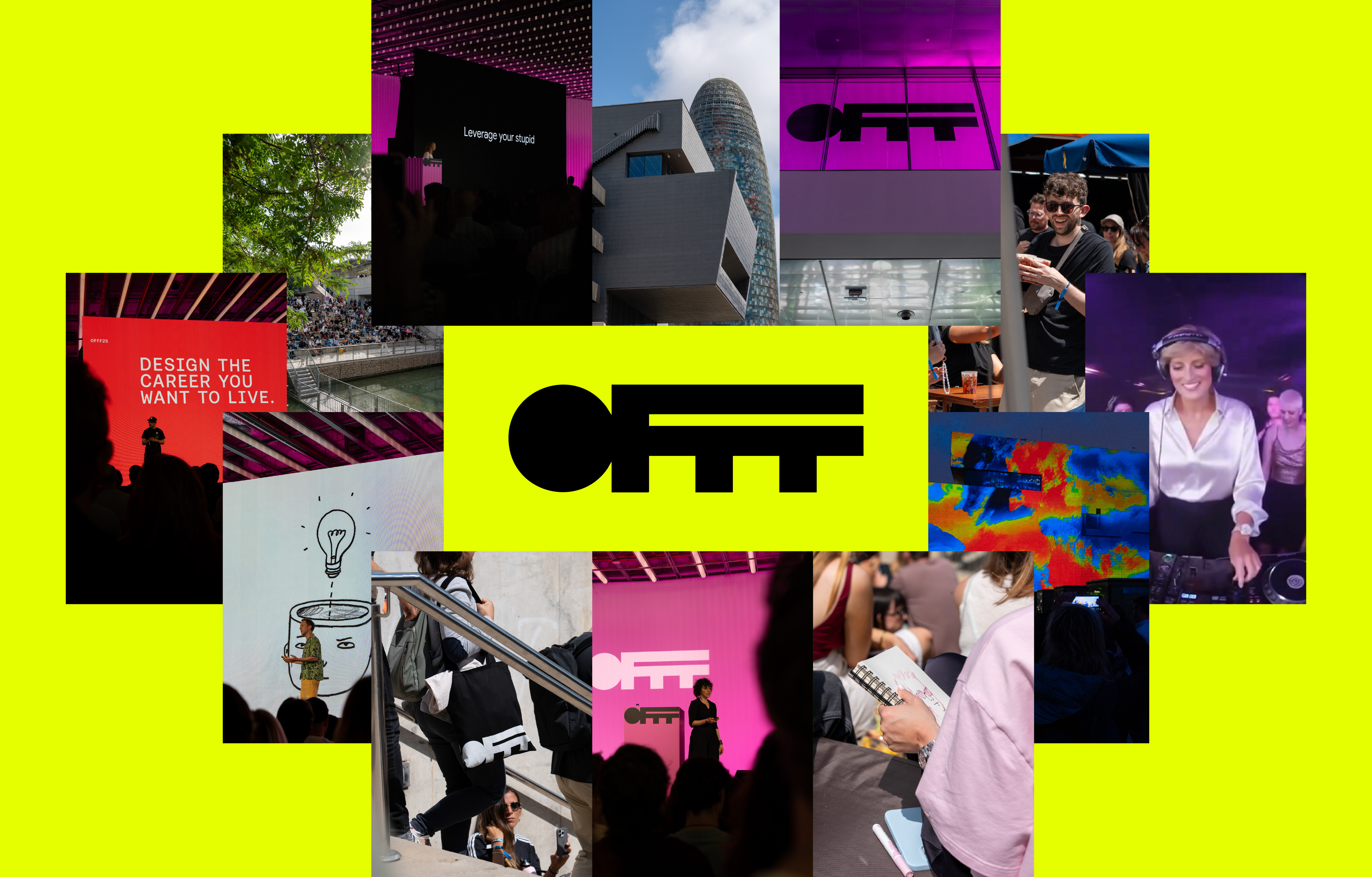 A series of images from the OFFF festival in Barcelona, from speakers on stage, to buildings on location and people sat in the sun. The festival logo sits in the centre.